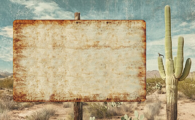 A rusted sign with a saguaro cactus and a roadrunner, retro textural desert signage, rustic background; an old Wild West theme or southwestern desert cowboy motif,  copyspace, faded postcard