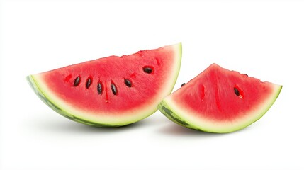 A fresh watermelon cut into two slices, showcasing its juicy red flesh and black seeds.