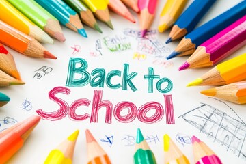 A cheerful back to school scene featuring an array of vibrant colored pencils elegantly arranged around a delightful handwritten message that captures the excitement of starting a new academic year