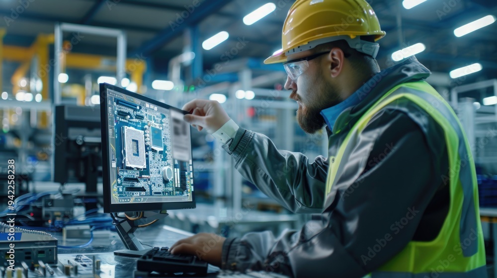 Aufkleber a person working on a computer in a factory setting, suitable for corporate or industrial use
