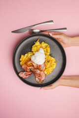 Baked potatoes with bacon, hearty breakfast, lunch, brunch.
