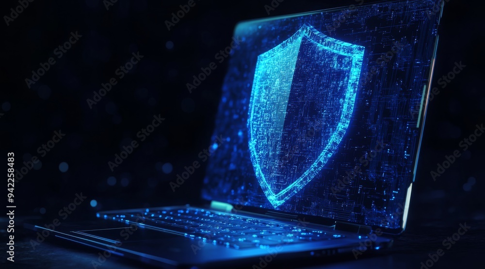 Aufkleber an abstract representation of cyber security showcases a sleek laptop and a blue digital guard shiel