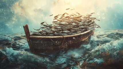 A wooden boat overflowing with fish, surrounded by a stormy sea.