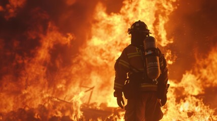 Naklejka premium Firefighter Silhouette Against Blaze