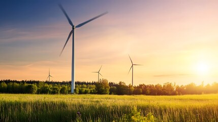 Obraz premium Wind turbines stand tall against a vibrant sunset.