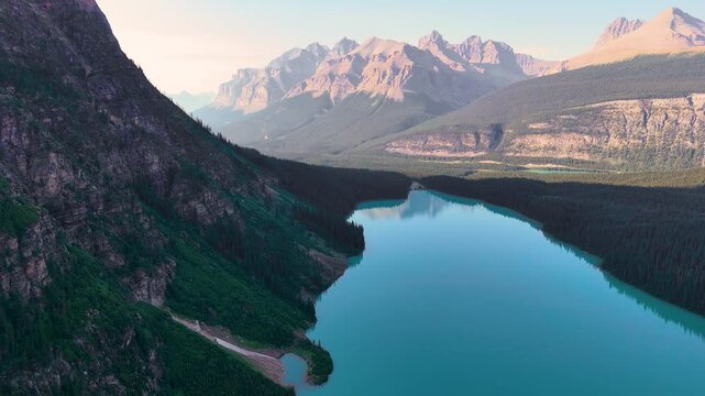 Rocky Mountains, Canada. Top cinematic aerial view. Chephren Lake, Jasper National Park, Alberta. 4K drone footage. Canadian wild nature and landscape from above