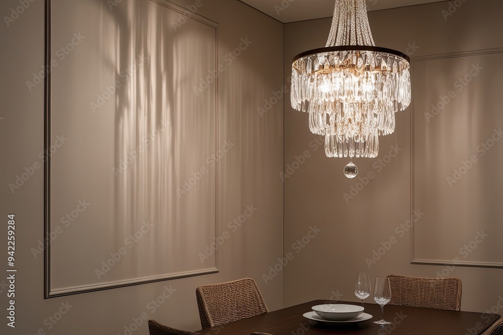 Poster soft illuminated shadows on isolated wall with elegant chandelier patterns in cozy dining space