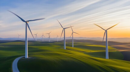 Fototapeta premium Wind turbines stand tall in a field of green hills at sunset.