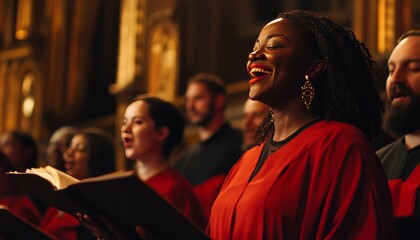 Gospel choir passionately performing uplifting choral music inside a beautiful church setting