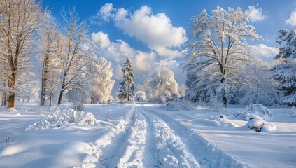 Obraz premium Winter Wonderland Adventure Snowy Path and Scenic Beauty of Winter Recreation and Holiday Delight