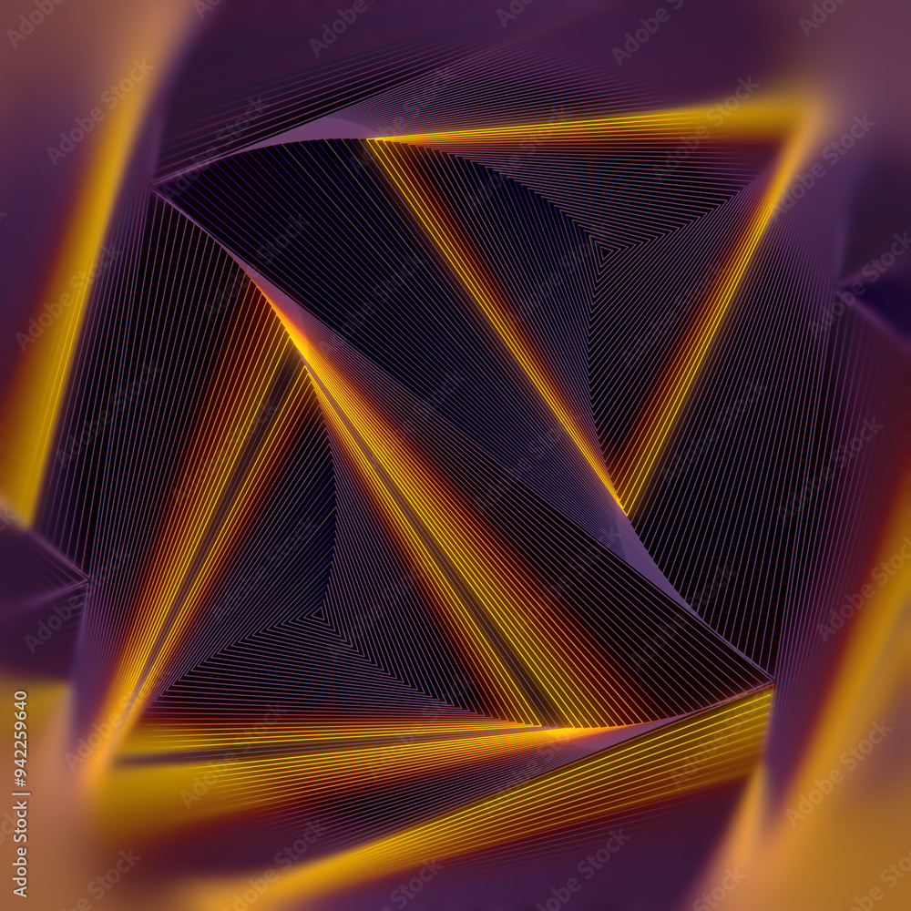 Aufkleber Running waves of yellow-red color on a pattern of dark purple triangles. 3d rendering illustration