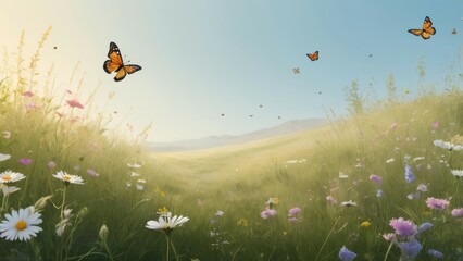meadow with flowers and butterflies