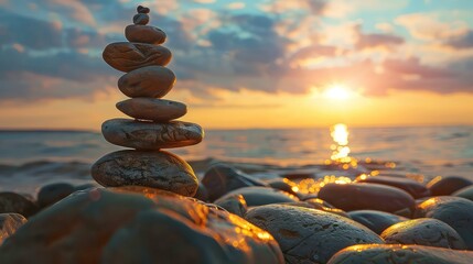 A stack of smooth, wet, dark stones balanced precariously against a golden sunset sky with water in the background.