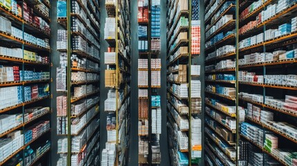 Aerial shot of a fulfillment center with rows of shelves stocked with various products, workers organizing items