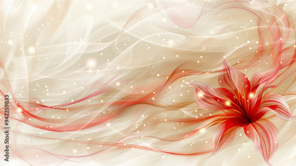 Poster abstract floral design with red lily and flowing lines