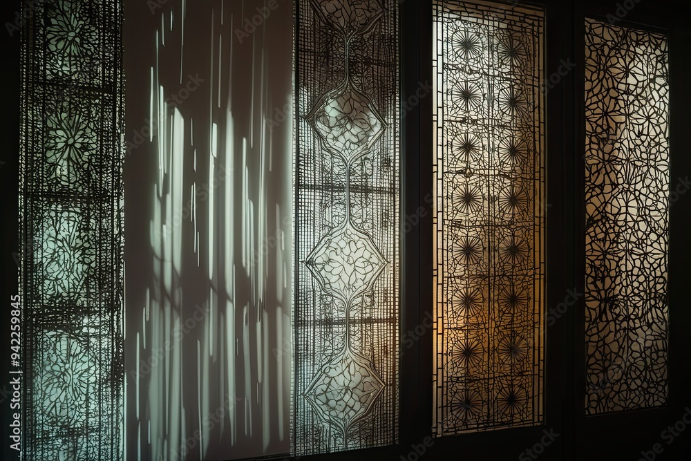 Poster mysterious light trace overlay with enigmatic shadows from decorative screens