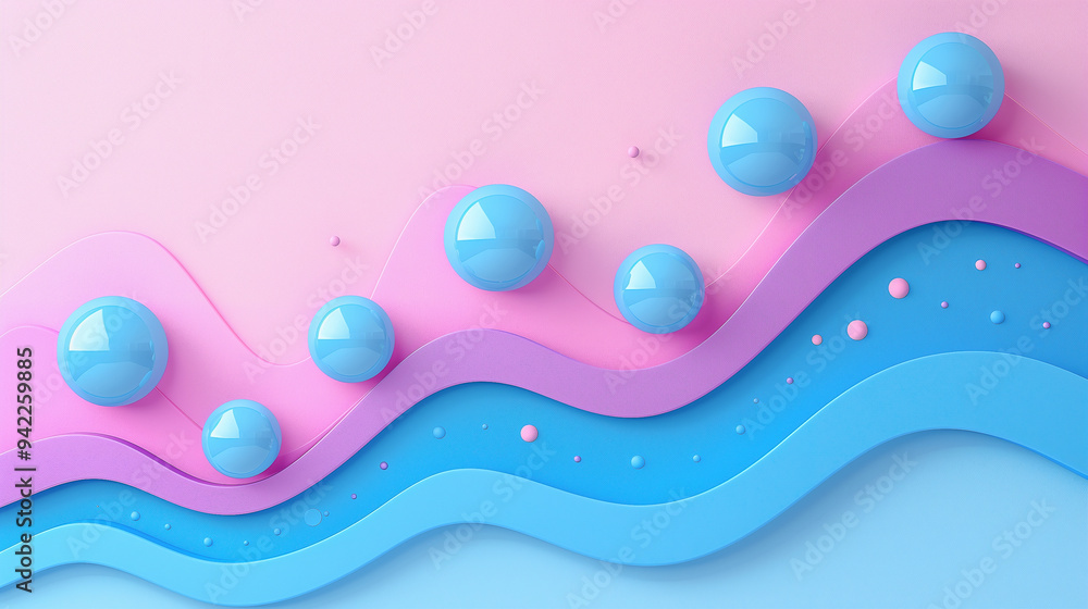Poster abstract pastel wave pattern with glossy blue spheres..