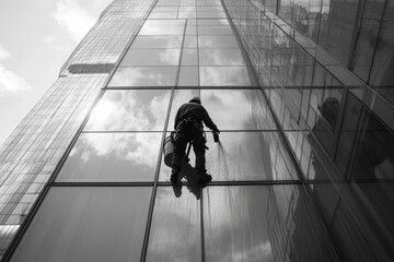 Office worker cleaning windows on skyscraper building  a stunning urban photography moment