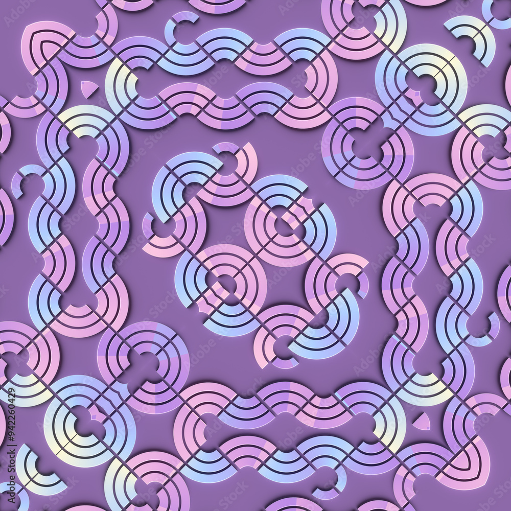 Poster Digital illustration of a symmetrical repeating pattern composed of interlocking abstract shapes. 3d rendering