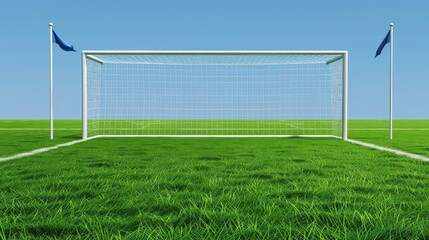 White soccer goal on green grass field with blue flags.