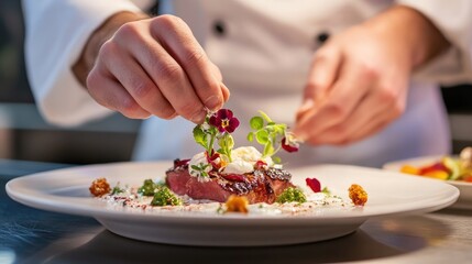 Chef garnishing a dish with edible flowers in a fine dining restaurant, adding the final touch to a gourmet meal