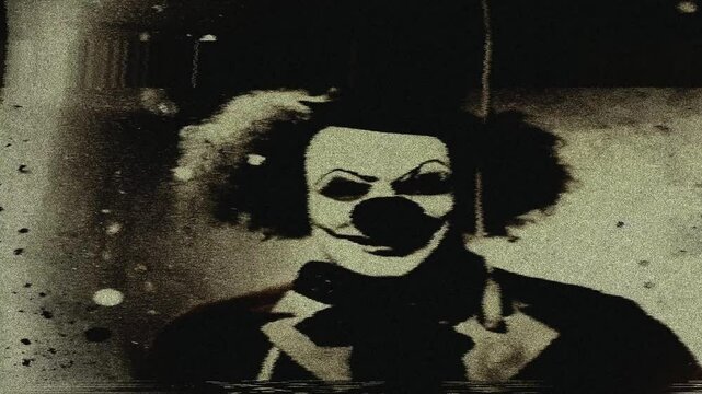 Creepy spooky clown with dust and scratches on tv scrren glitch effect