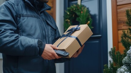Close-up of a delivery driver scanning a package with a handheld device before placing it on a doorstep