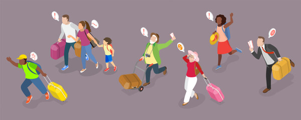 3D Isometric Flat Vector Illustration of Hurrying Tourists, Fast-Paced Visitors in a Hurry