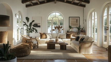 Mediterranean living room interior design, inviting atmosphere.