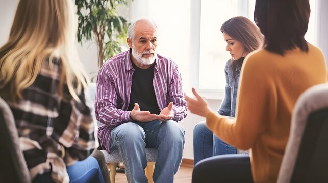 A group of people sit in a circle, listening attentively as an older man speaks.
