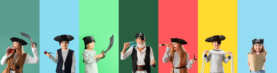 Set of many people dressed as pirates on color background