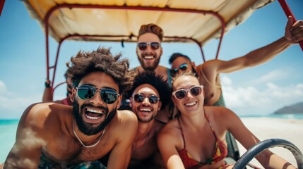 A group of friends is having a wonderful time at the beach, enjoying a buggy ride in the sunny...