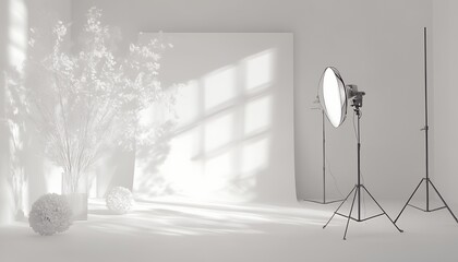 A minimalist photography studio with soft lighting and decorative elements.