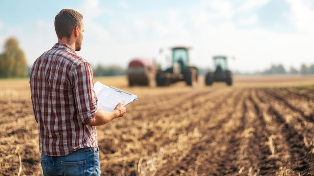 Insurance agent visiting a client farm to discuss agricultural insurance, with farmland and machinery visible