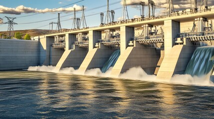 A large dam with water flowing over it.