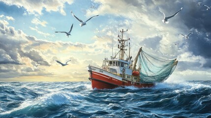 Obraz premium A fishing trawler hauling in a net full of fish on the open sea, with seagulls flying overhead