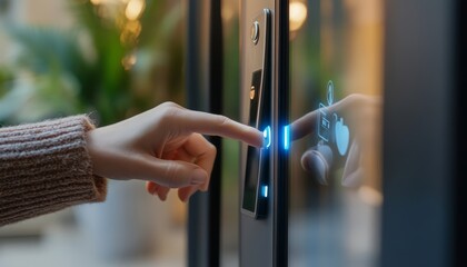 Obraz premium Closeup of a woman unlocking a smart touchscreen keypad lock at her home s entrance