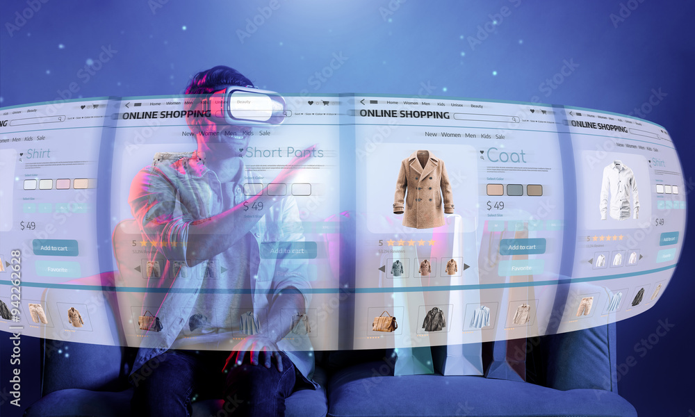 Poster caucasian man choosing and selecting product for shopping list while wearing visual reality goggles.