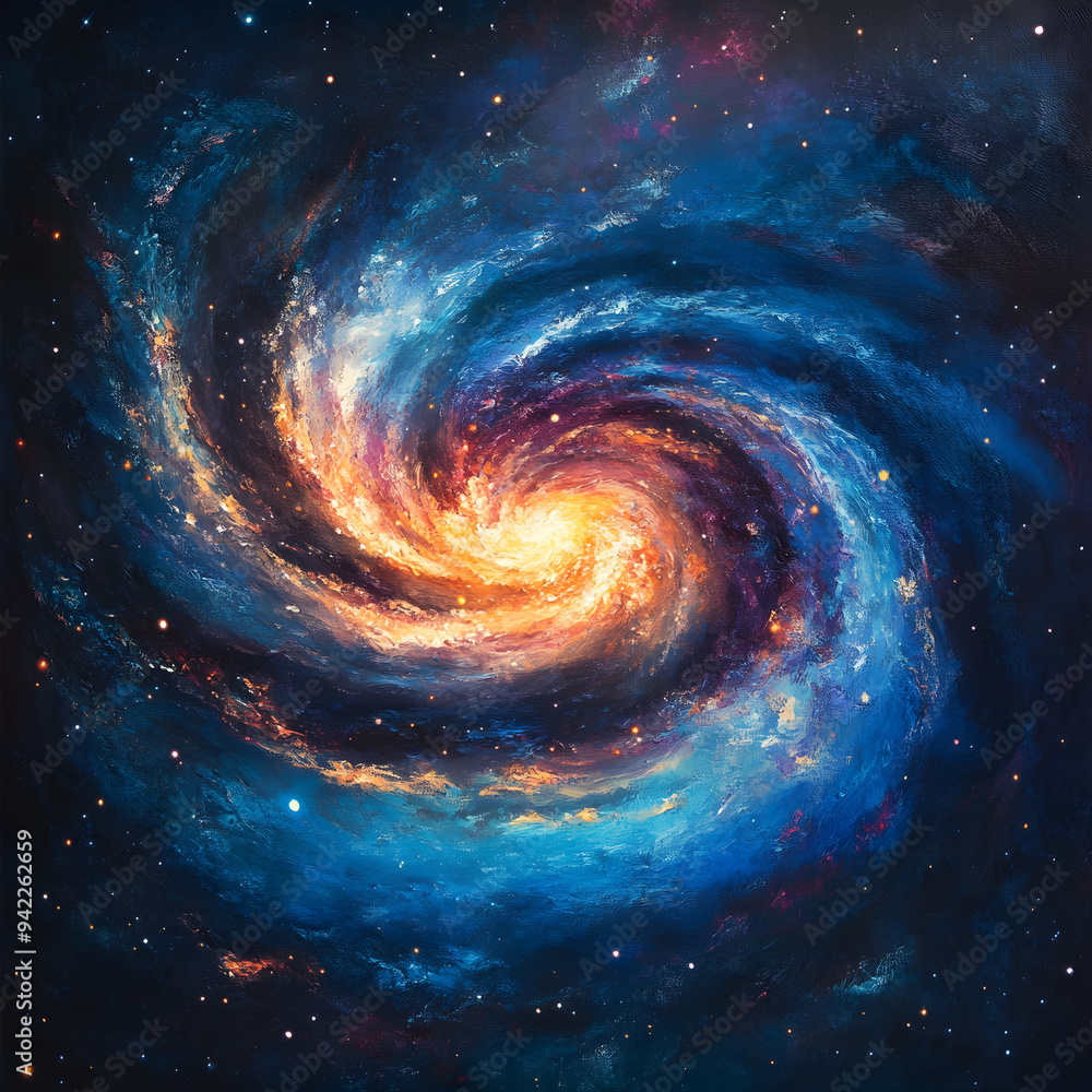Poster vibrant galaxy with a swirling pattern and luminous blue core in the image