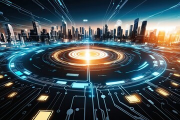 Fototapeta premium Modern Futuristic Digital Circuit City Background with Technology and Innovation