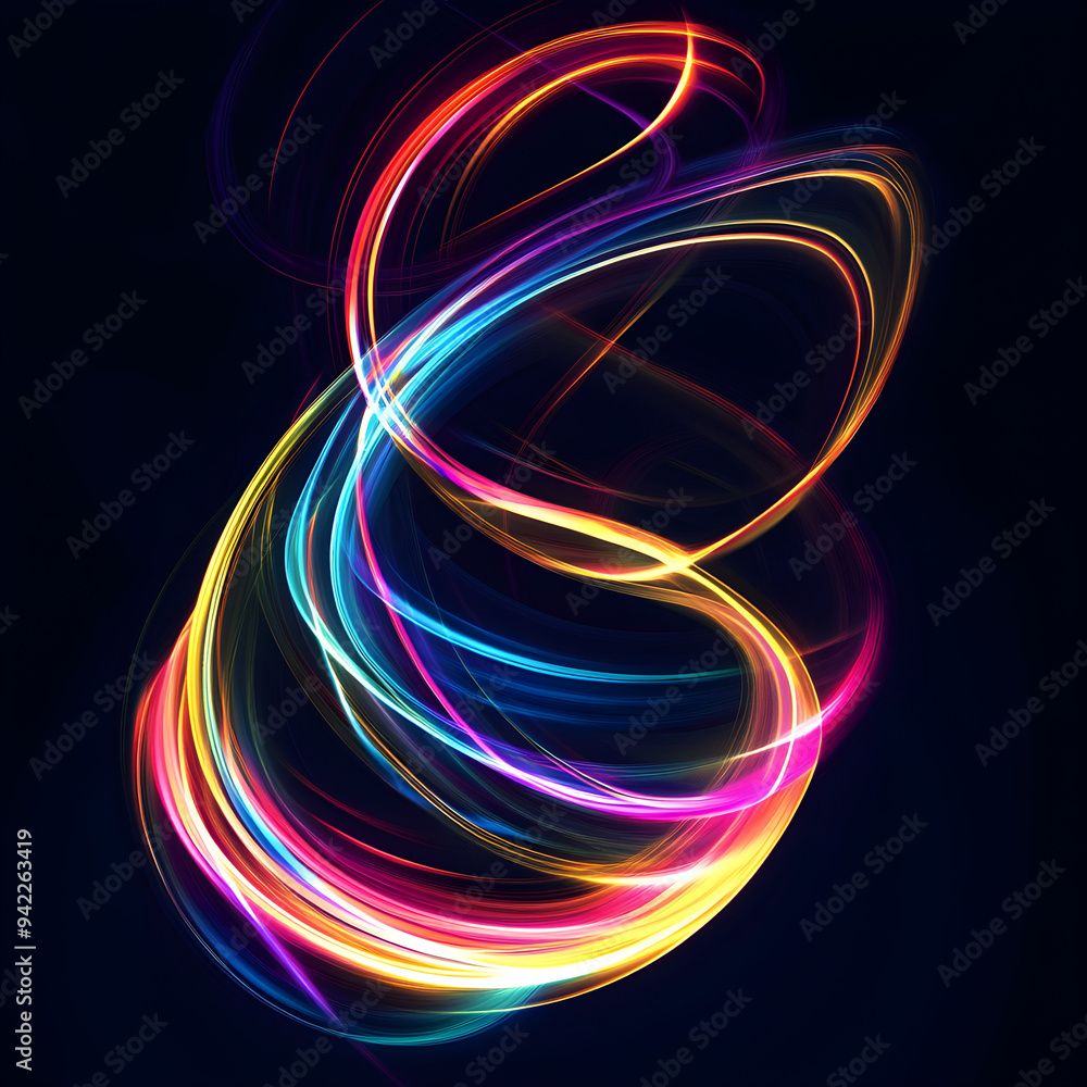 Poster an with colorful swirling light lines projected onto a dark background image