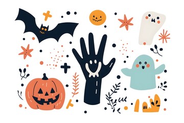 Playful Halloween illustration set with cartoon ghosts, jack-o'-lanterns, bats, and handprints in a whimsical, hand-drawn style.