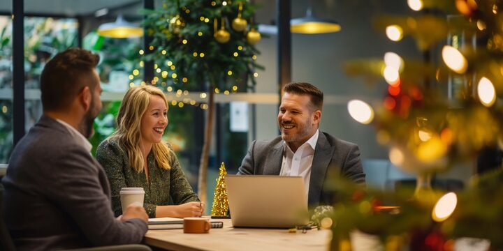 During a festive office meeting, colleagues collaborate amidst holiday decorations, creating a joyful atmosphere for communication and teamwork, fostering a sense of camaraderie and productivity