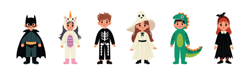 Set of Halloween kids costumes. Children in funny Unicorn, skeleton, ghost, dinosaur, witch. Cute Halloween characters in festival outfit. Flat vector illustration isolated on white background.