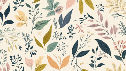 Fototapeta premium Delicate Botanical Leaf Pattern - Hand-Drawn Nature-Inspired Design in Soft Pastel Colors