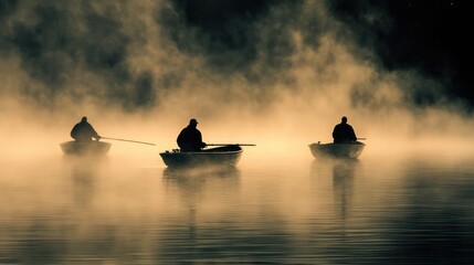Fishermen navigating through foggy waters in the early morning, their silhouettes barely visible in the mist