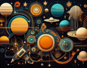 Futuristic planet system with exoplanets in space. Space-themed digital collage. Generated image