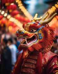 Obraz premium Dragon dance during Chinese New Year street celebration, social media story background set, used for advertising