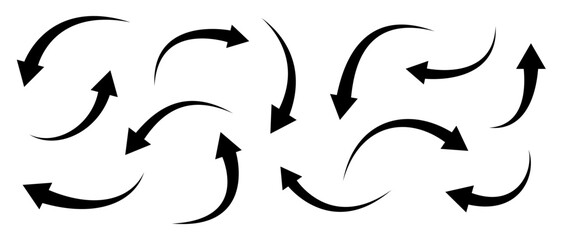 Black curved arrows icons set. Arrow sign in flat style. Wind movement image, process repeat symbol, rotation. Vector illustration.
