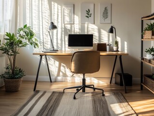 Inviting home office setup with sleek desk, ergonomic chair, minimal decor, and natural lighting